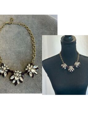 J. Crew plum purple clear Crystal gem jewelled flower statement necklace